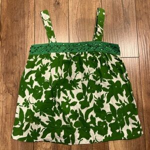 Forever 21 Green and White Floral Patterned Tank Top with Green Beaded Trim